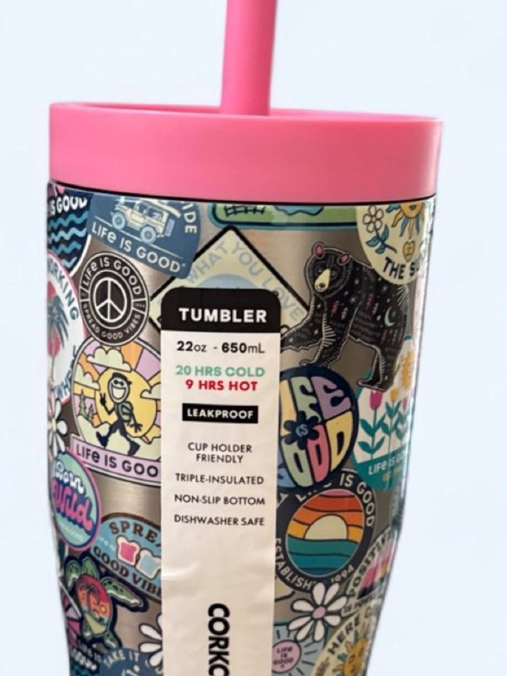 NWT Corkcicle Sticker-Pattern Tumbler with Pink Lid and Straw